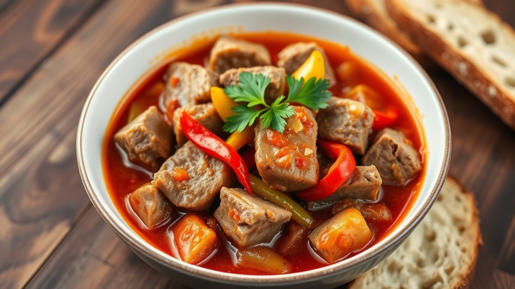 Hearty Pork Goulash Recipe A bowl of savory Pork Goulash with pork, bell peppers, and a rich sauce, garnished with parsley on a rustic table.